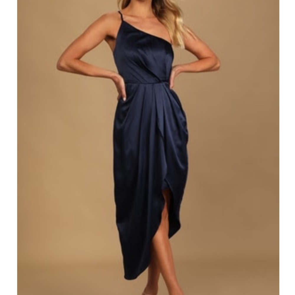 Lulu’s navy blue law of attraction one shoulder dress